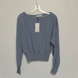 Mango Stone Silver Grsy  Boat Neck Bishops Long Sleeve Knitted Top Sz S Sweater